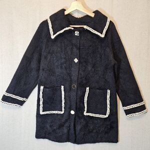 Black Knit Jacket With Contrast Ivory Trim Mixed Buttons Soft Fuzzy Small